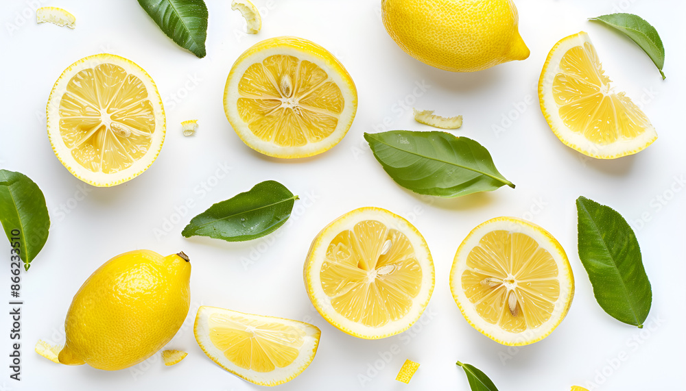 Composition with ripe lemons on white background Composition with ripe lemons on white background
