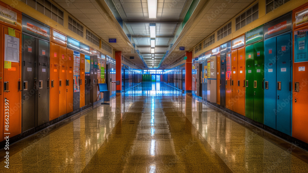 A deserted high school hallway featuring colorful lockers, polished floors, and bulletin boards along the walls, brightly lit by overhead lights.