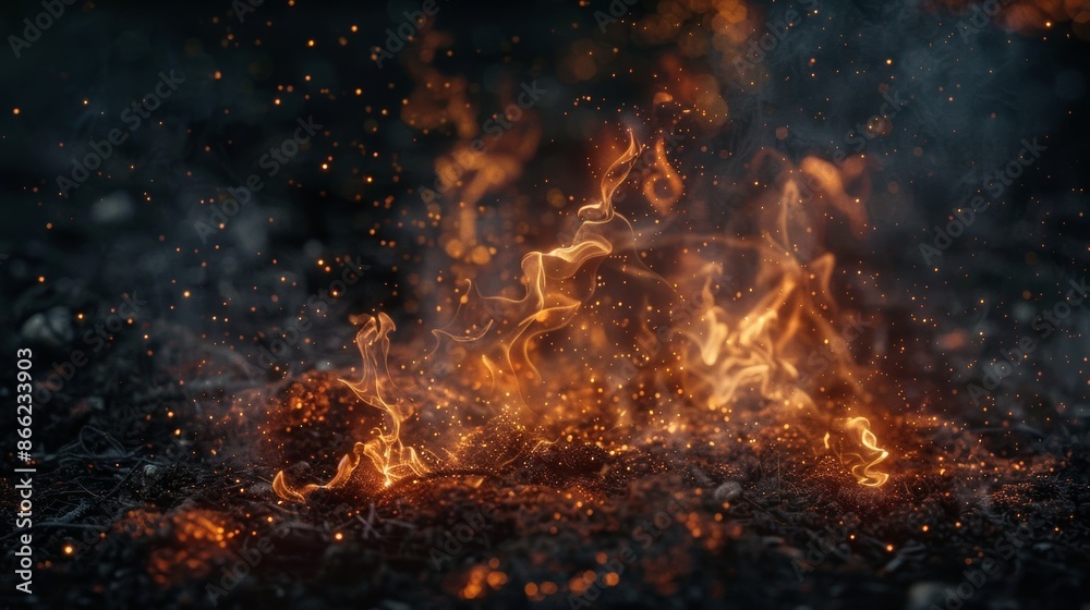 Fire flames dancing in the night with a smoky background Fire flames dancing in the night with a smoky background