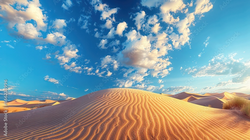 Naklejka premium A desert landscape with a blue sky and clouds
