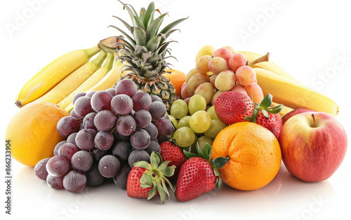 Fruit salad with (kiwi, apples, pears, bananas, melon, peaches, apricots, pineapple, raspberries) with white background 