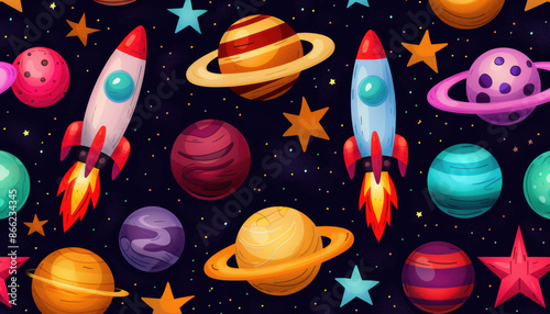 Spacethemed pattern with planets, rockets, and stars, dark background, vibrant colors, digital painting photo
