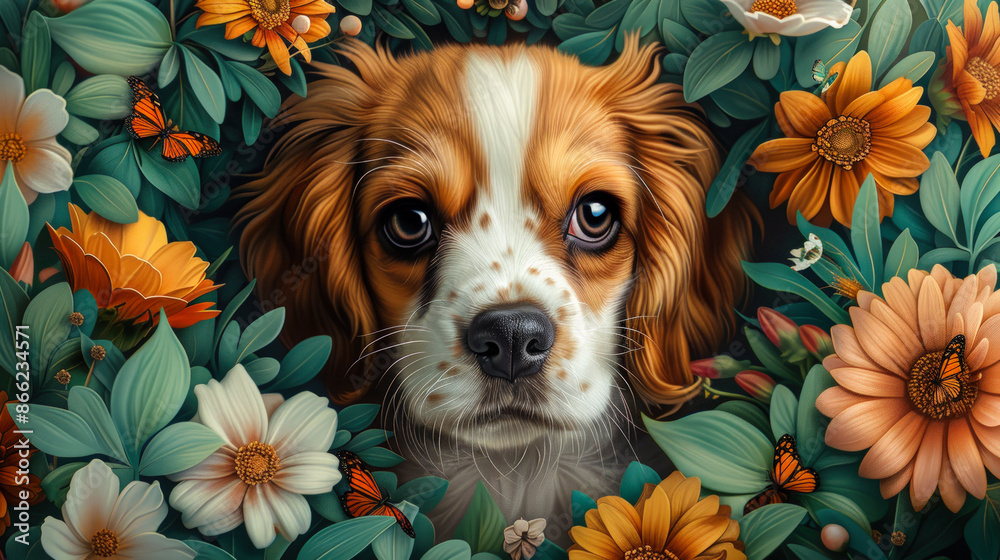 Curious Beagle Puppy Exploring a Lush Flower Garden