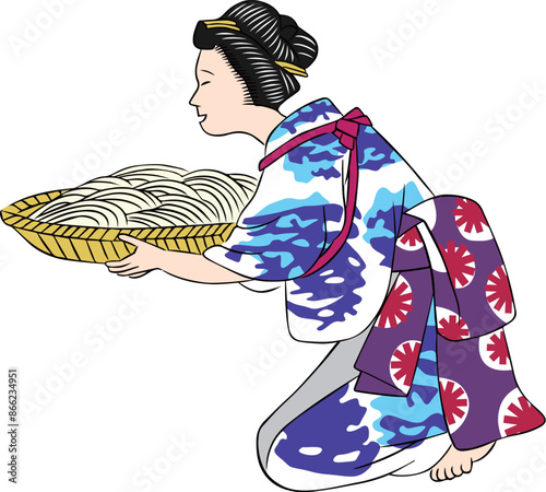 うどんを準備する女性職人