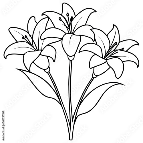 Coloring pages of a black outline of lilies and a branch with flowers and buds