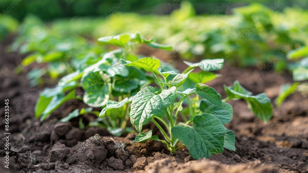 Growing potato plants in organic garden field Growing potato plants in organic garden field