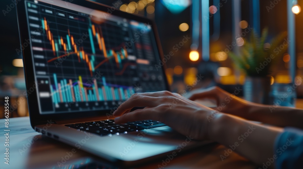 Hands typing on a laptop keyboard with charts and graphs on the screen, office background blurred Hands typing on a laptop keyboard with charts and graphs on the screen, office background blurred