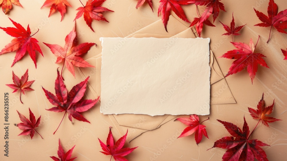Obraz premium Minimal Autumn Mock Up Blank Paper and Red Leaves on Beige Background
