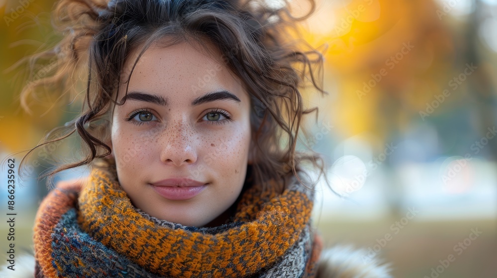 Happy young woman wearing a scarf, looking at the camera, with an autumn park in the background. Happy young woman wearing a scarf, looking at the camera, with an autumn park in the background.