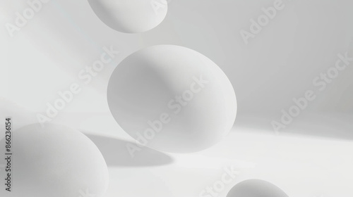 all white round floating object, irregular shape with rounded matte texture, artistic design, blurred foreground, white empty space