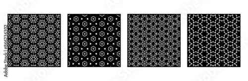 Set of 4 Oriental black and white pattern for fabric, wallpaper, flyer, business card. For use in graphics.