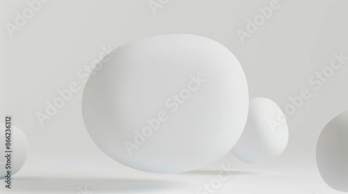 all white round floating object, irregular shape with rounded matte texture, artistic design, blurred foreground, white empty space