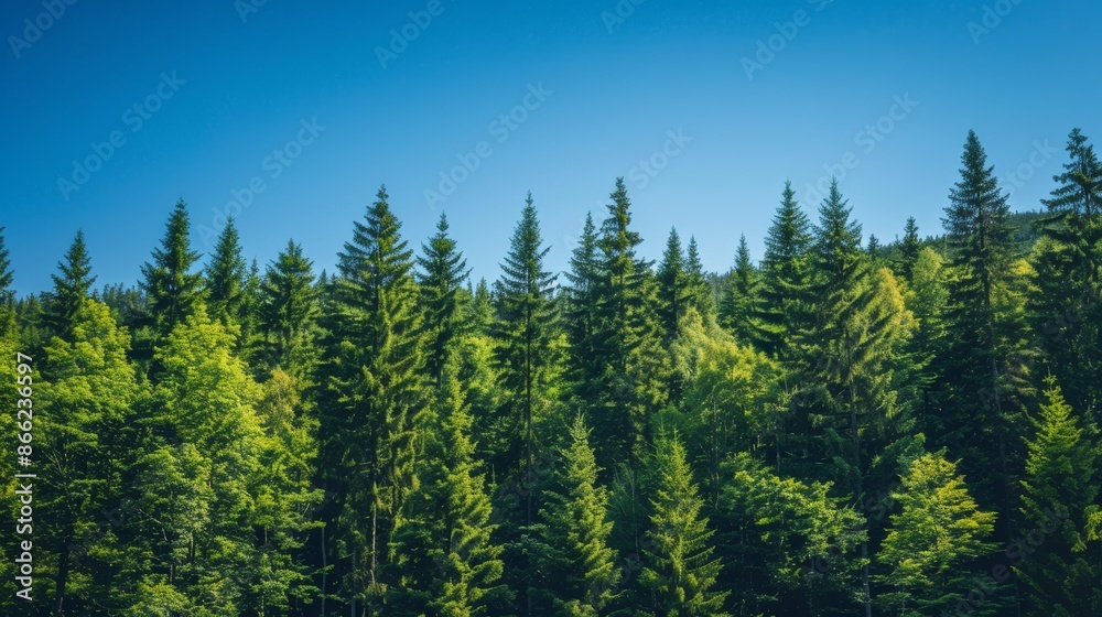 Healthy green trees in a mixed forest of old spruce, fir, and pine, with a clear blue sky above Healthy green trees in a mixed forest of old spruce, fir, and pine, with a clear blue sky above