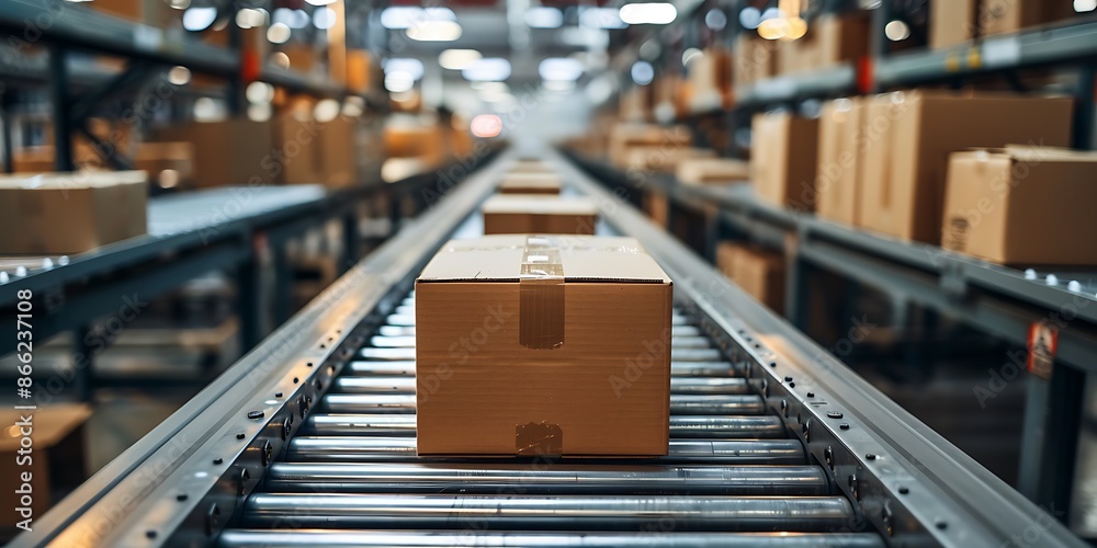 Boxes on conveyor belt in warehouse. Shallow depth of field Boxes on conveyor belt in warehouse. Shallow depth of field