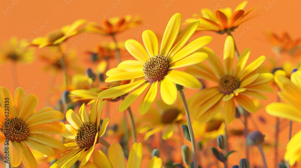 Fototapeta premium 3d render of yellow daisies field on orange background