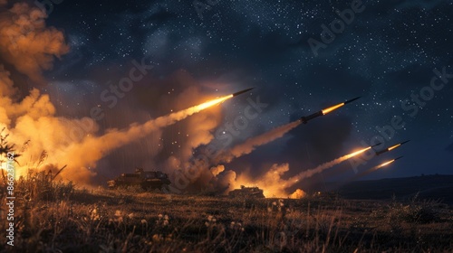 Artillery rocket systems fire at enemy positions at night. Multiple launch rocket system.