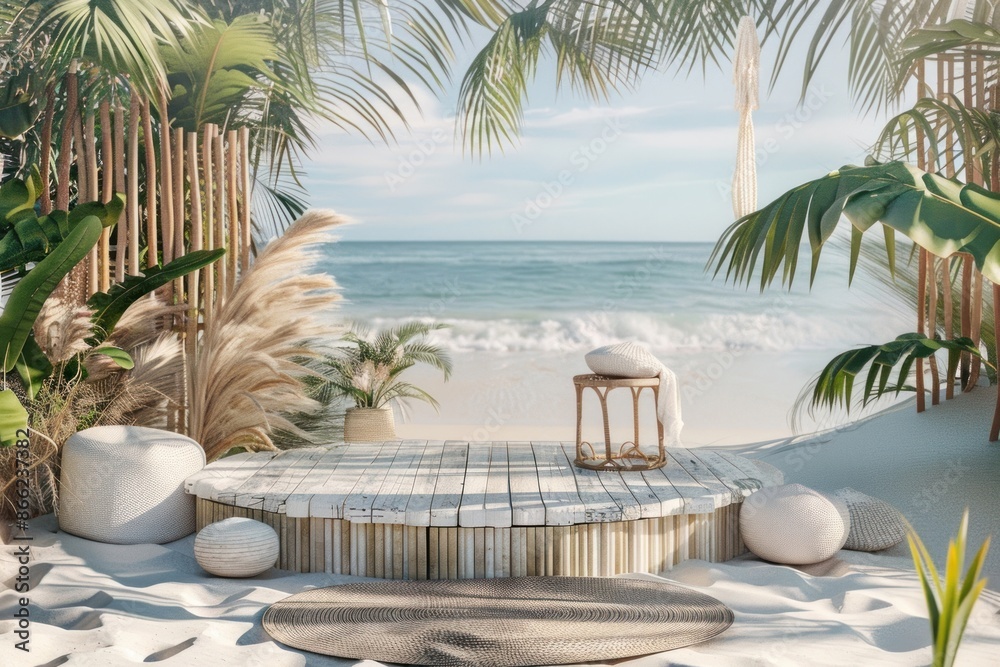 Product podium with beach summer furniture outdoors. Product podium with beach summer furniture outdoors.