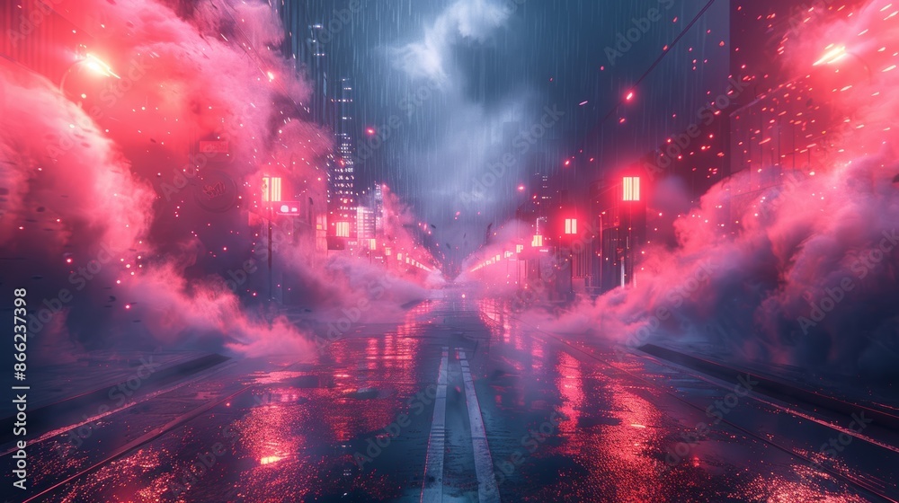 Lonely urban road with neon lights bouncing off wet surfaces and swirling smoke. Lonely urban road with neon lights bouncing off wet surfaces and swirling smoke.