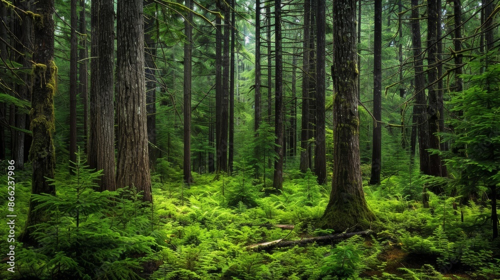 Majestic spruce, fir, and pine trees towering over a lush green undergrowth in a tranquil forest setting Majestic spruce, fir, and pine trees towering over a lush green undergrowth in a tranquil forest setting