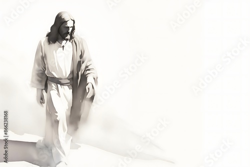 A detailed pencil sketch of Lord Jesus walking on a plain white background, emphasizing simplicity and spirituality.