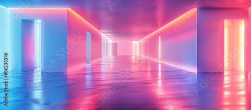 Neon Lit Hallway with Doors and Reflective Floor