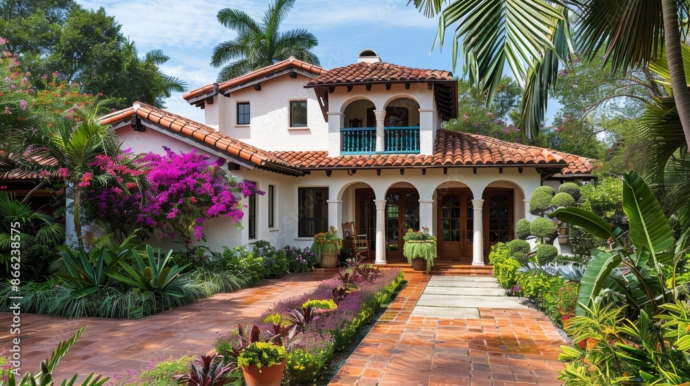 Mediterranean-style house with terracotta roof, vibrant bougainvillea, and an inviting courtyard Mediterranean-style house with terracotta roof, vibrant bougainvillea, and an inviting courtyard