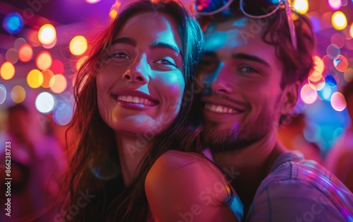 Close-Up Portrait of a Couple Smiling at a Nightclub Under Neon Lights