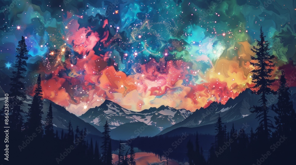 Fototapeta premium Multicolored fireworks painting the night sky over a serene mountain range, with the silhouettes of trees in the foreground