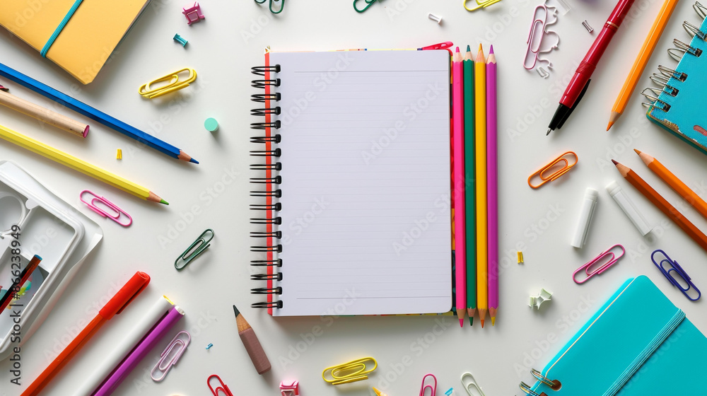 A flat lay of a blank notebook surrounded by colorful stationery items such as pencils, pens, erasers, and paper clips on a white isolated background, with ample space for text. A flat lay of a blank notebook surrounded by colorful stationery items such as pencils, pens, erasers, and paper clips on a white isolated background, with ample space for text.