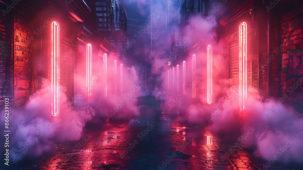 Mysterious smoke and neon reflections creating an abstract light display in an empty alley. Mysterious smoke and neon reflections creating an abstract light display in an empty alley.