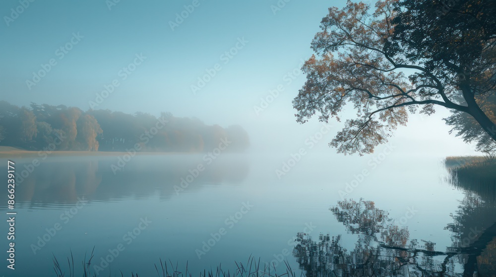 Fototapeta premium A calm lake with a tree in the foreground