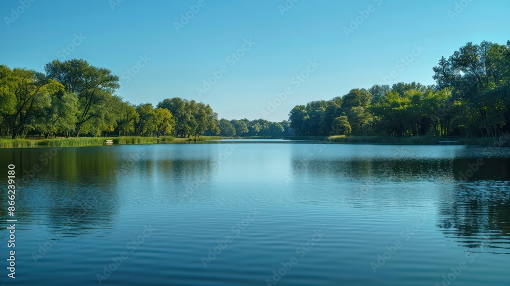 A calm lake with trees in the background A calm lake with trees in the background