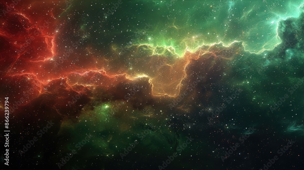 Fototapeta premium Background illustration concept art of a red and green galactic nebula in space, beautiful stars at the night sky