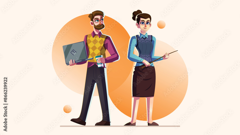 Fototapeta premium Male and Female Teachers with Laptop and Pointer - Vector Illustration