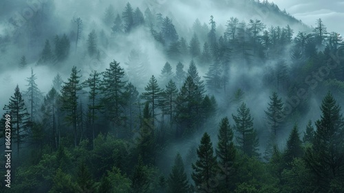 Overcast day in a pine forest with heavy fog obscuring the tree tops and creating an ethereal scene