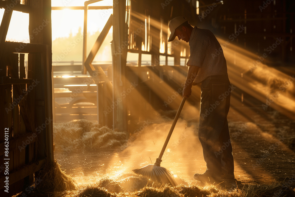 Fototapeta premium A close-up portrait of a dairy worker diligently sweeping the barn floor, bathed in the soft, golden morning light. The rays of the sunrise filter through the barn windows, highlig