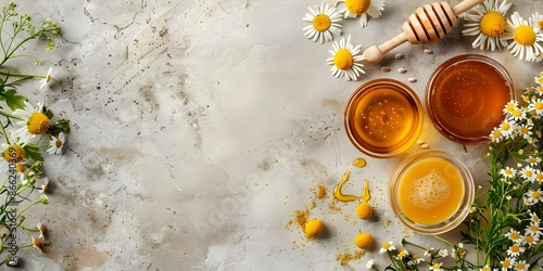 Banner showcasing locally sourced honey, chamomile, and fruit products. Concept Local Honey, Chamomile Tea, Fruit Products, Sustainable Farming, Banner Design photo