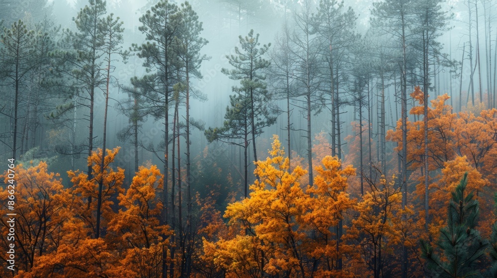 Fototapeta premium Pine forest in autumn with colorful leaves and a thick fog adding a mystical feel