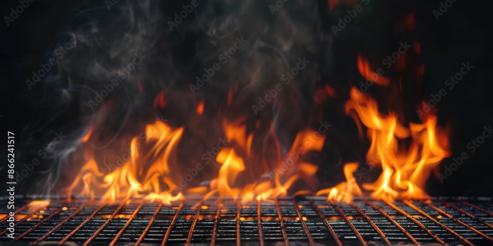 Barbecue Grill With Fire Flames - Empty Fire Grid On Black Background Barbecue Grill With Fire Flames - Empty Fire Grid On Black Background