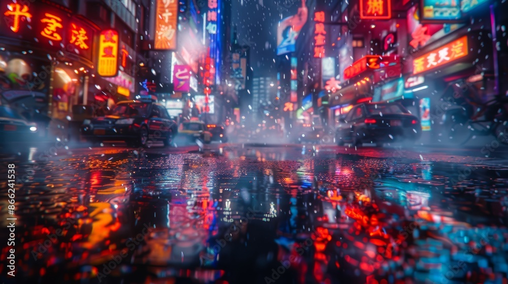 Quiet urban street with neon reflections on wet surfaces and billowing smoke at night. Quiet urban street with neon reflections on wet surfaces and billowing smoke at night.