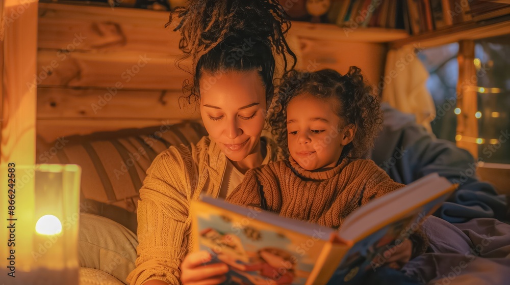A warm and cozy bedtime scene: a mother reads to her child, bookshelves lining the wall behind them. A warm and cozy bedtime scene: a mother reads to her child, bookshelves lining the wall behind them.