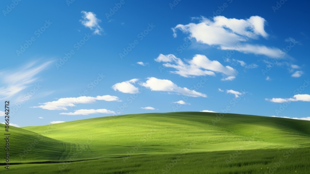 Serene landscape of rolling green hills under a bright blue sky with fluffy white clouds. Perfect for backgrounds, wallpapers, and nature-themed designs. Serene landscape of rolling green hills under a bright blue sky with fluffy white clouds. Perfect for backgrounds, wallpapers, and nature-themed designs.