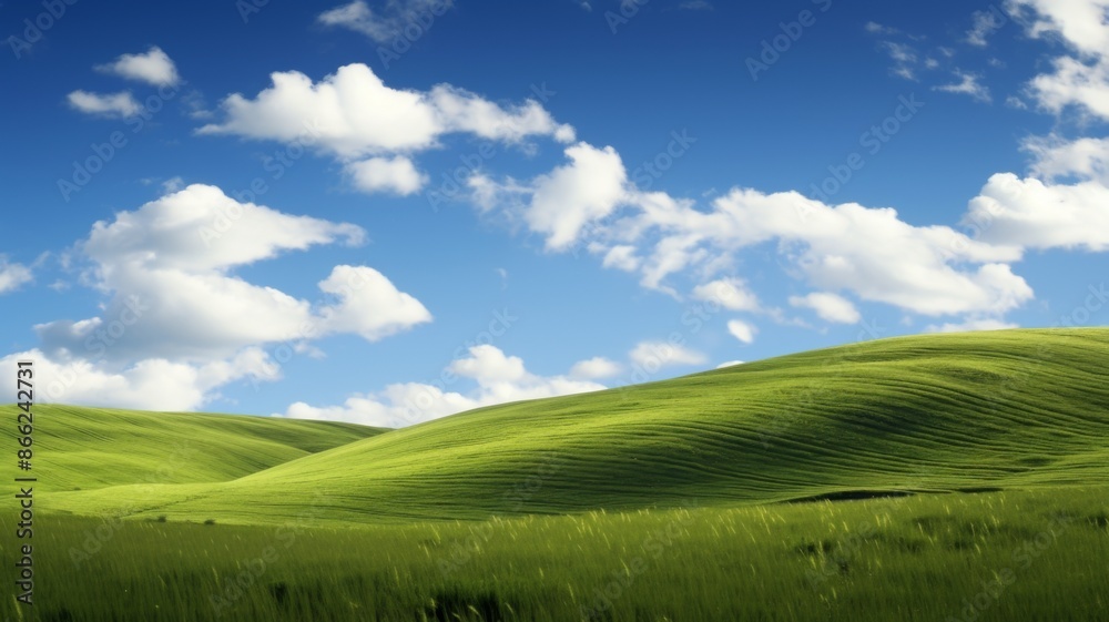 Idyllic green hills landscape under blue sky with white clouds, serene nature background. Perfect for environmental, travel, or relaxation themes. Idyllic green hills landscape under blue sky with white clouds, serene nature background. Perfect for environmental, travel, or relaxation themes.