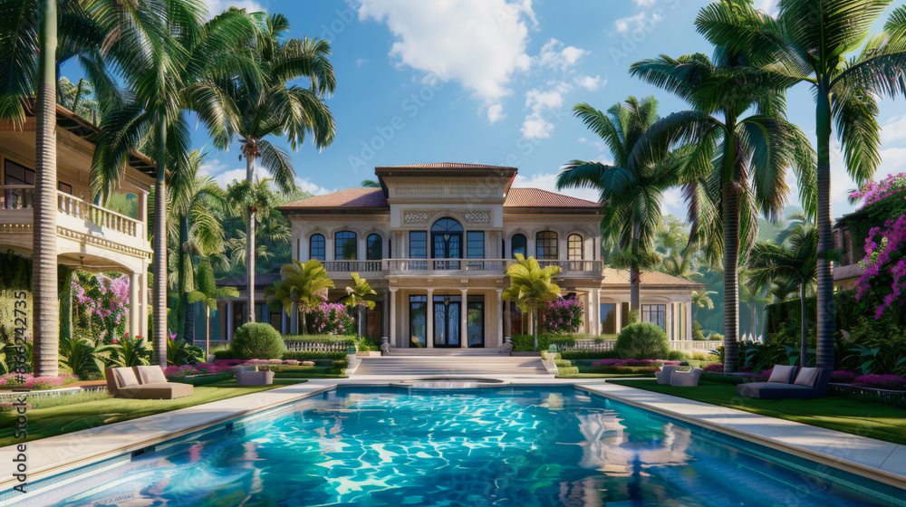 Fototapeta premium Luxury villa with palm trees and large swimming pool. Expensive mansion with modern design. Vacation, real estate concept.