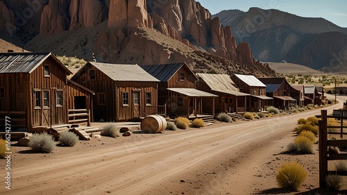 Fototapeta Naklejka Na Ścianę i Meble -  Old west small town. Dirt road with western small wooden houses on both sides.