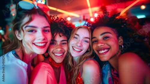 Close-up of a group of smiling young women, enjoying themselves and celebrating at a post-event gathering. Colorful lights blur in the background. © Ratthamond