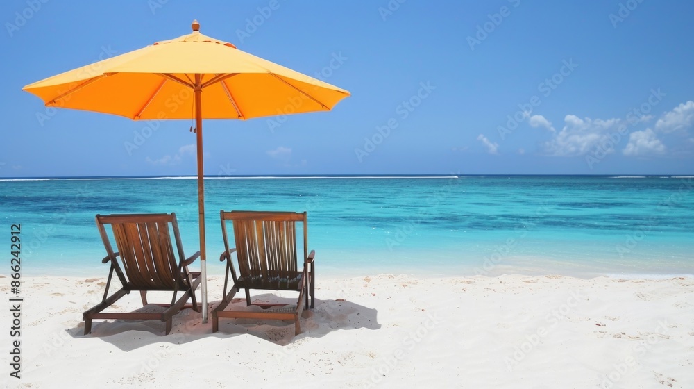 Beach chairs and an umbrella on a white sand beach Light bright background Beach chairs and an umbrella on a white sand beach Light bright background