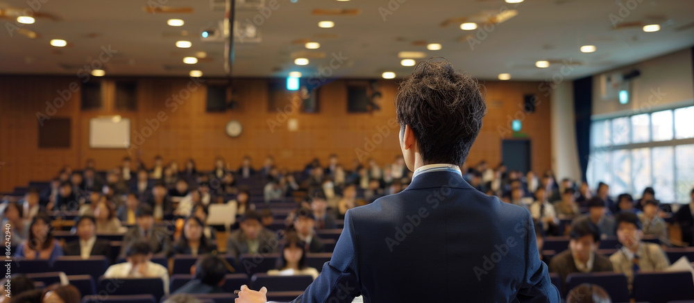 A man stands in front of a large audience, giving a speech A man stands in front of a large audience, giving a speech