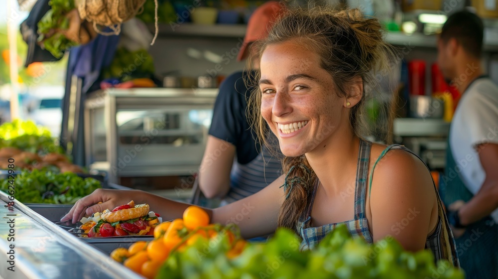 Smiling young woman at an organic farm stand, surrounded by fresh produce and happy customers.