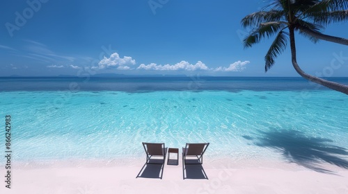 Pristine Maldivian beach with crystal-clear turquoise waters. Two wooden loungers partly submerged in shallow sea. Palm tree leans over white sand, framing scene.  photo
